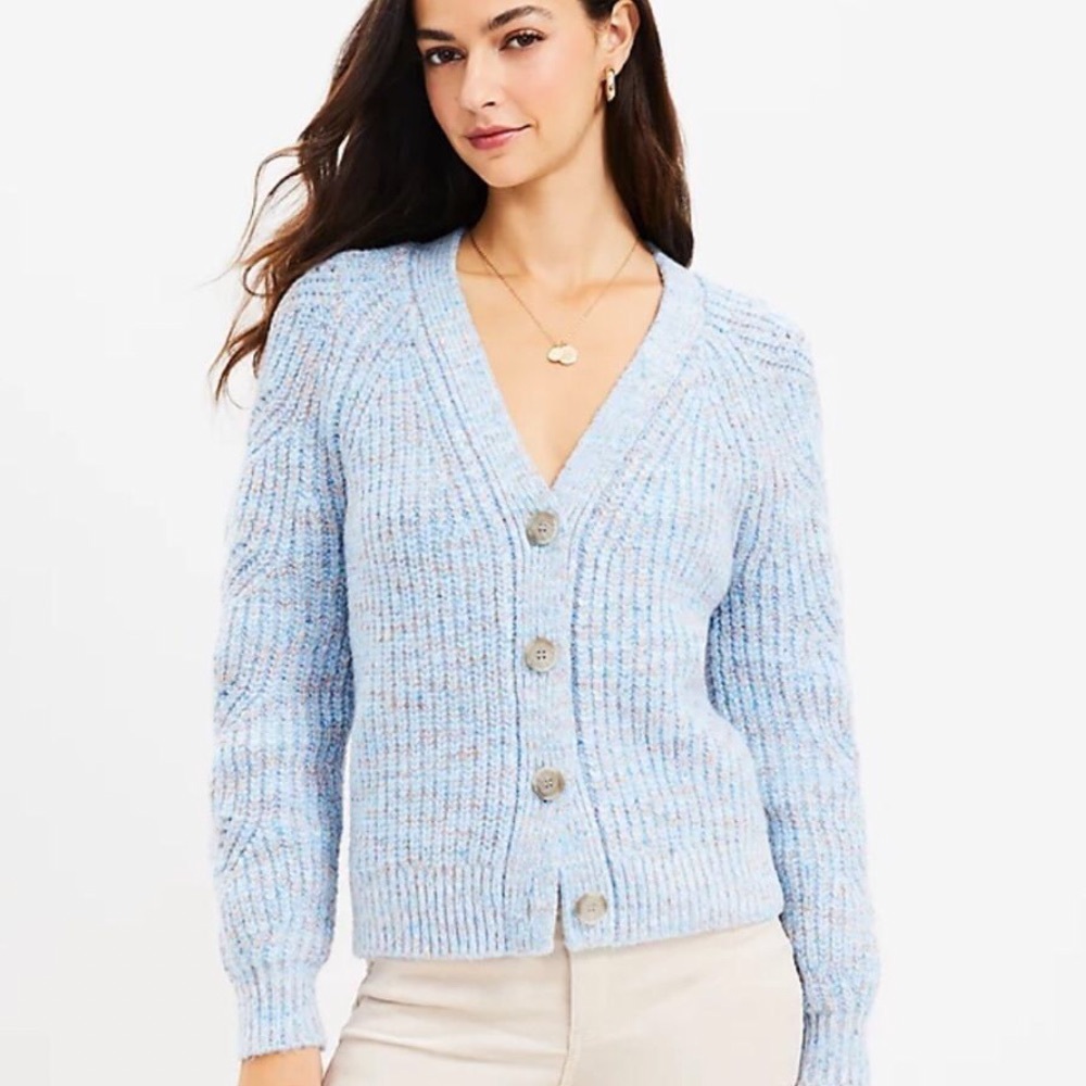 LOFT Sky Blue Ribbed V-Neck Button Cardigan